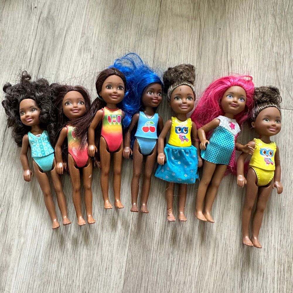 Lot of 7 Barbie Little Sister Chelsea Dolls Dark Skin Hair Eyes Various Styles